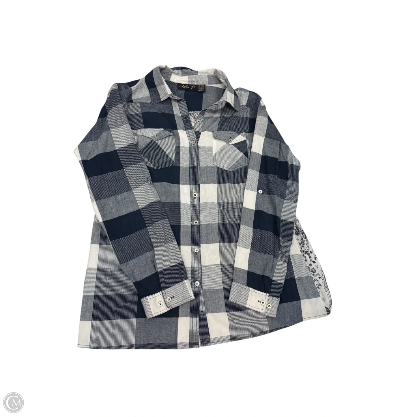 Blouse Long Sleeve By Clothes Mentor In Blue & White, Size: L